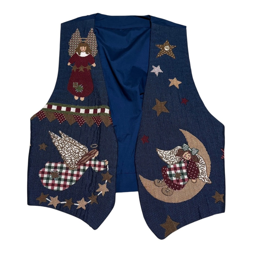 Vintage Tapestry Angel Moon Stars Open Face Multicolor Vest Women's Medium